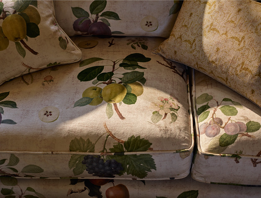 Alwinton 3 seater sofa in RHS Collection on Velvet William Hooker Fruit fabric detail